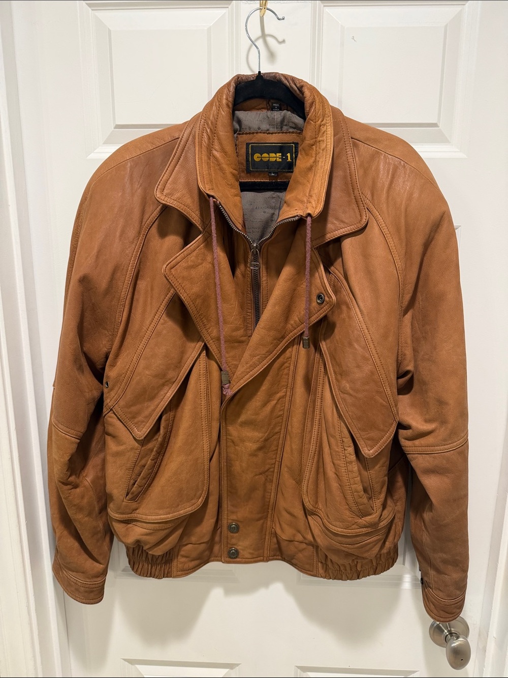 Vintage Real Leather Brown Bomber Jacket Mens Code-1 1980s unisex VTG